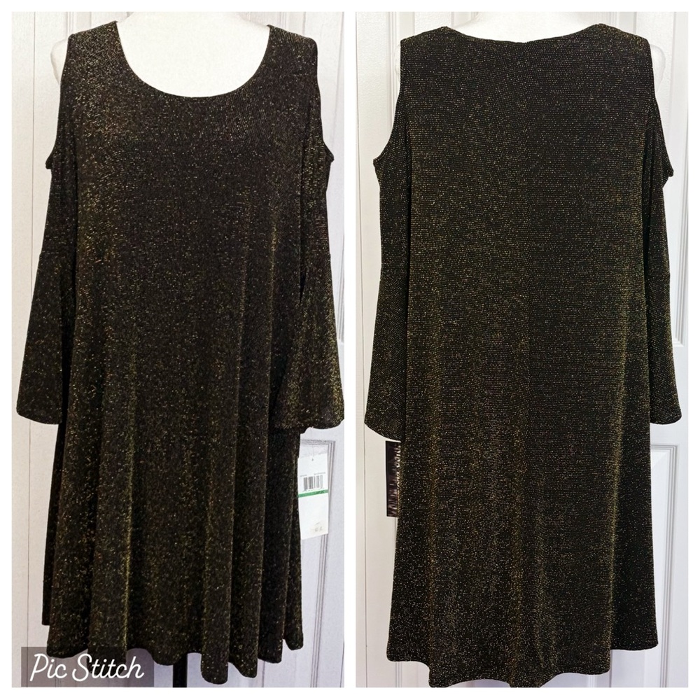 NWT Nina Leonard Black & Gold Metallic Cold Shoulder Swing Dress Large